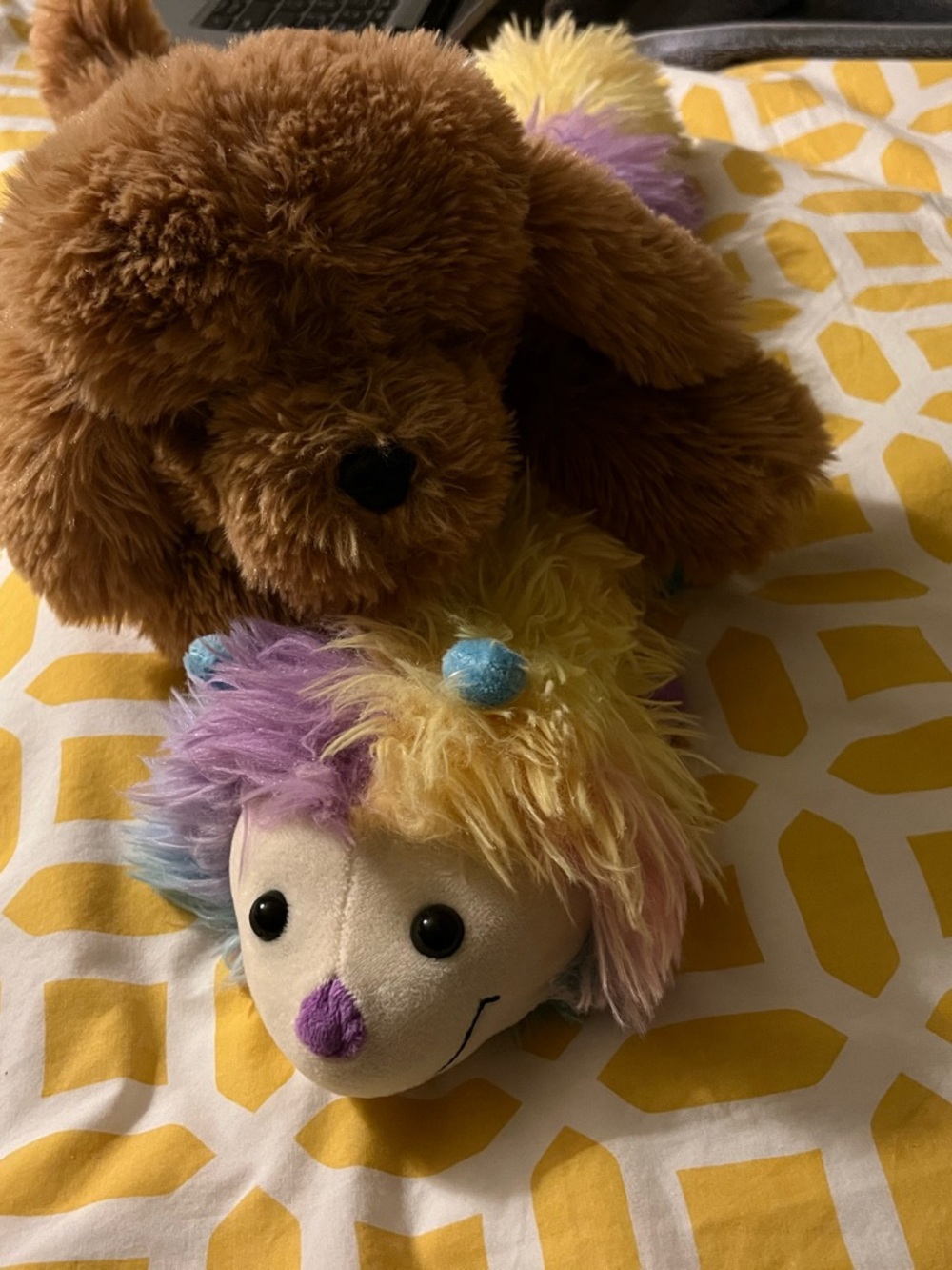 Plush Multicolor Hedgehog Toy with Brown Fluffy Puppy